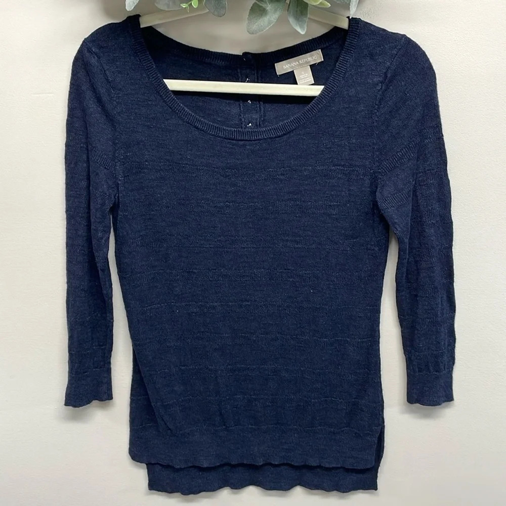 Banana Republic Linen Blend Textured Stripe Navy Button Back Sweater S
